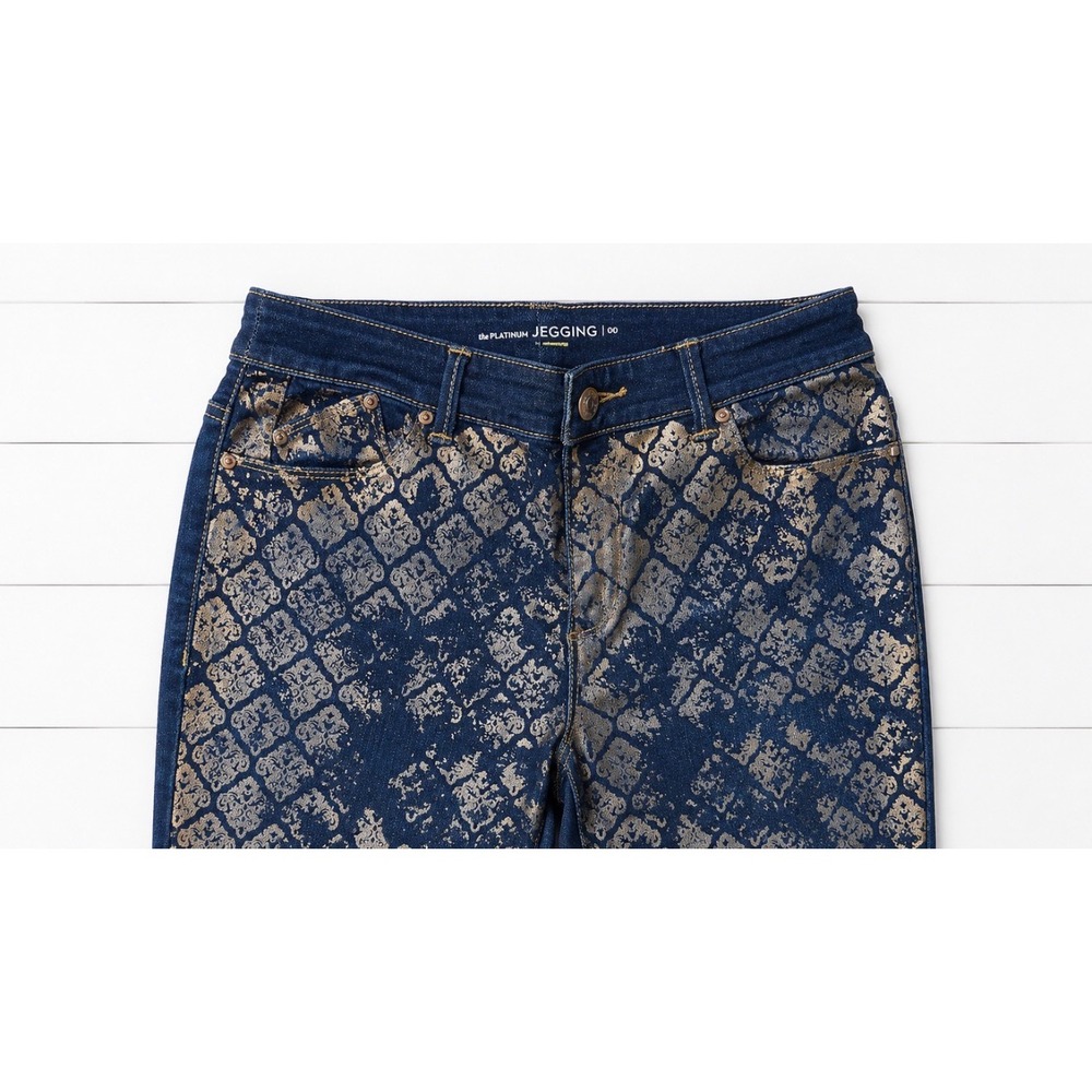 Chicos Platinum Jegging Denim Metallic Gold Foil Damask Print‎ Pants Size 00 - Picture 2 of 3